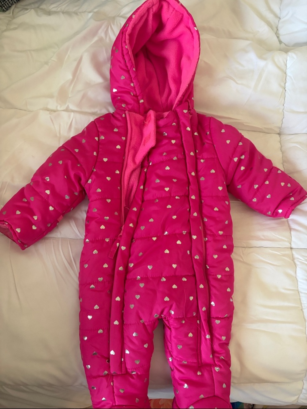 Girls' Hot Pink Heart-Print Puffer Snowsuit with Hood